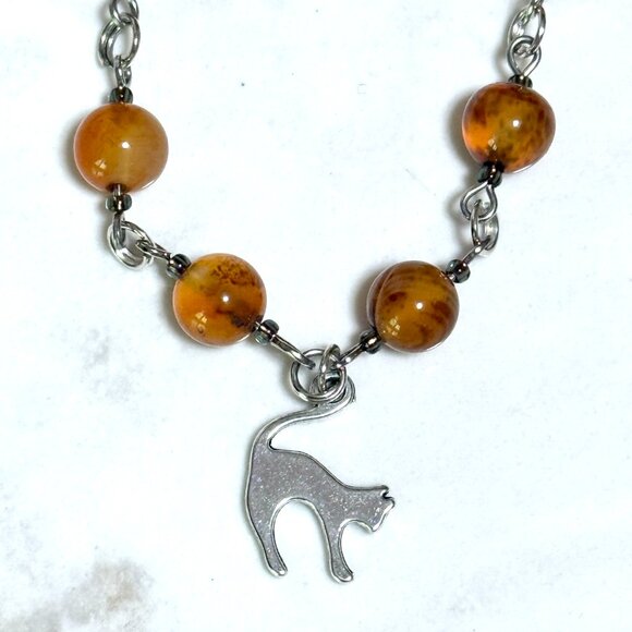Genuine Earthy Carnelian Agate Short Necklace, Gemstone & Slim Cat Pendant - Picture 5 of 15